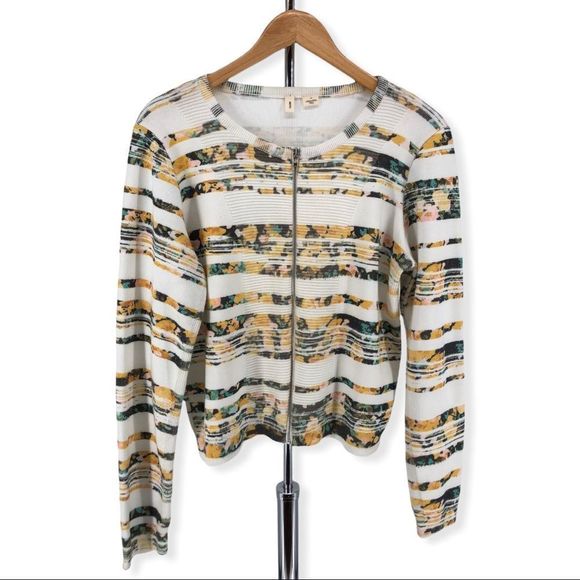 Moth Anthropologie White Array Floral Striped Zip Up Knit Cardigan Sweater - Picture 2 of 11